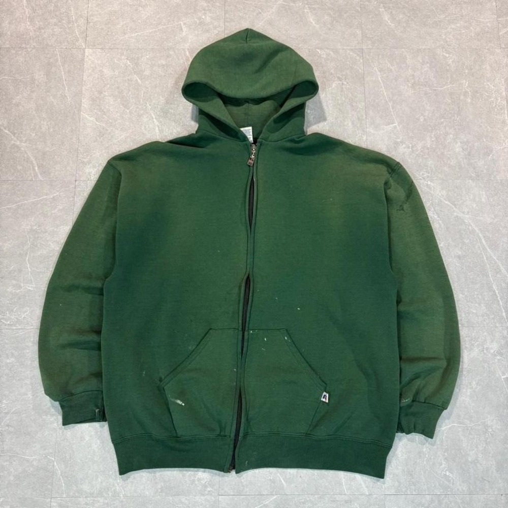 Russell Athletic faded and distressed green zip up hoodie Size XL #90s